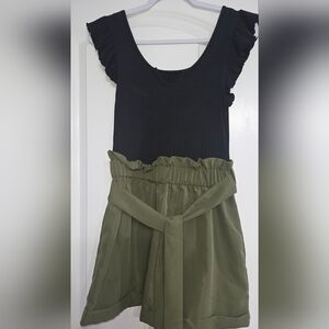 Black Top with Olive Green Short Set